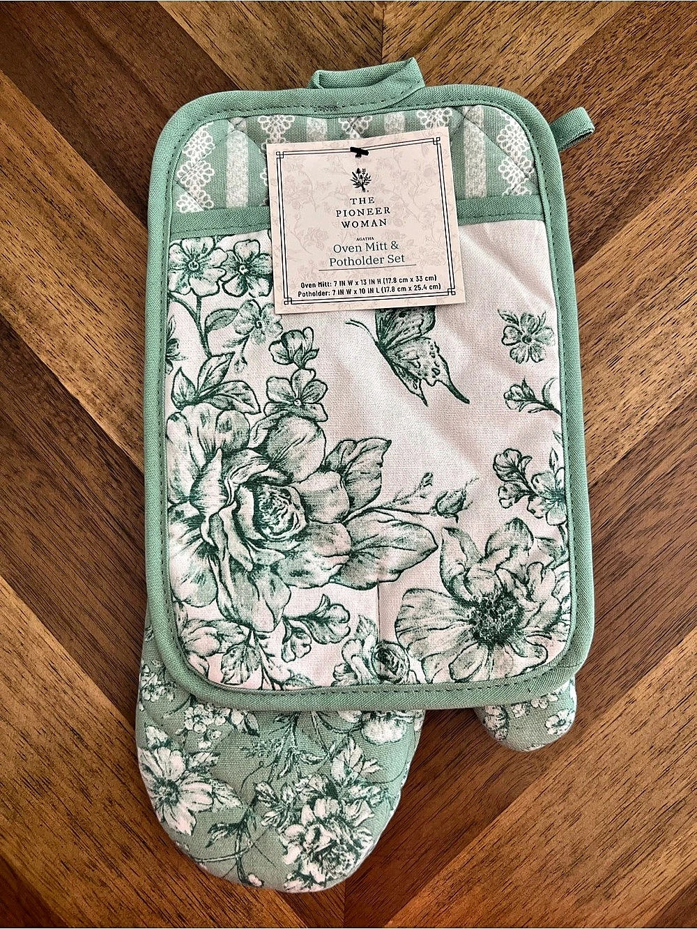 New Pioneer Woman Agatha Oven Mitt Pot Holder 2pc Floral Green & White